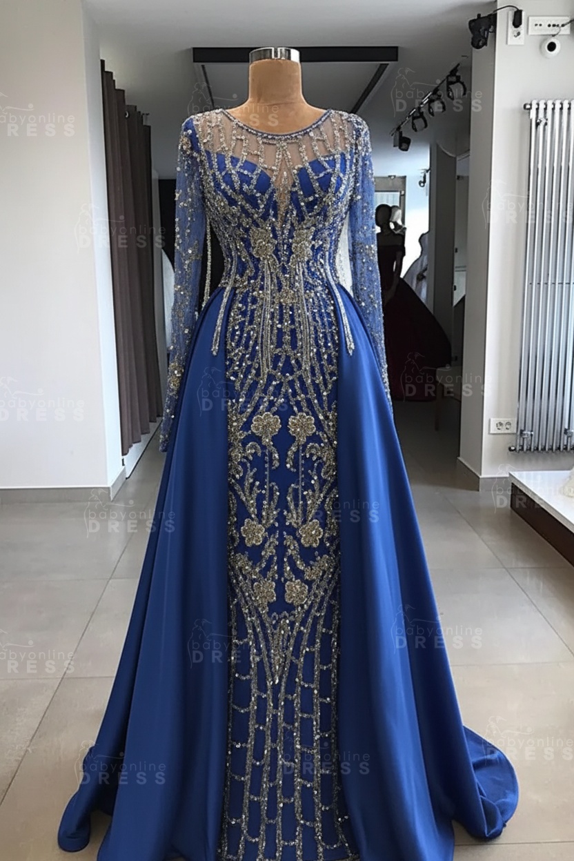 Shining Beaded Long Sleeves Round Neck Prom Dresses With Over Skirt | A Line Evening Gowns