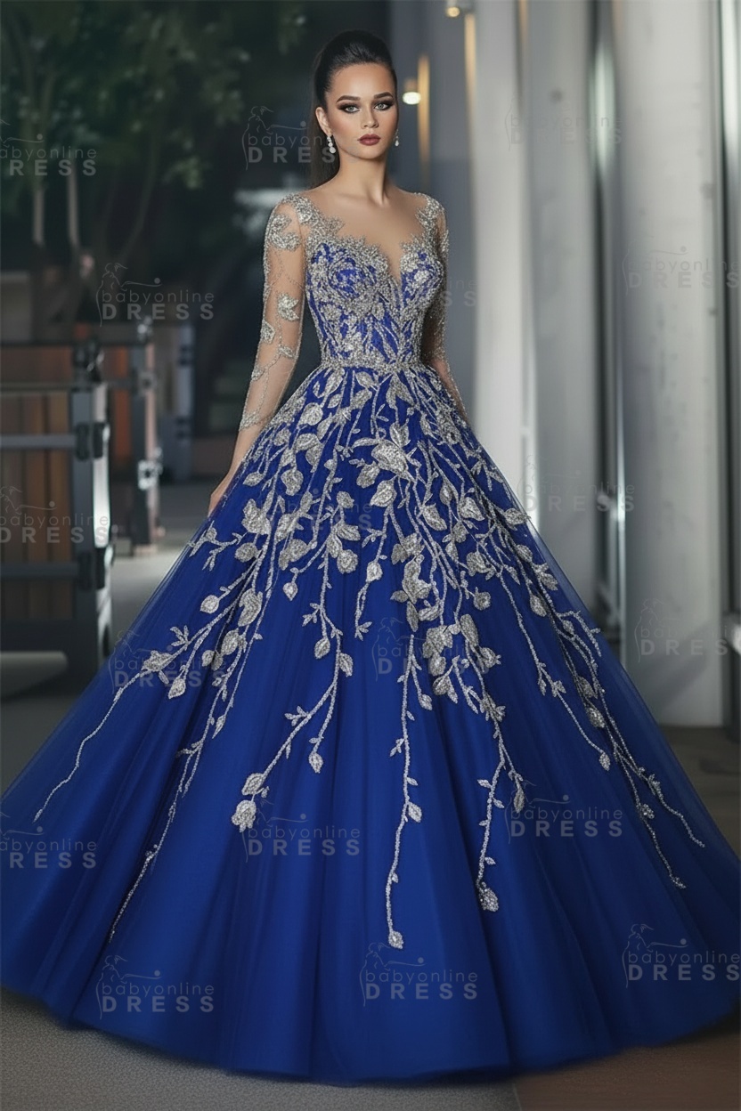 Stunning Illusion Long Sleeve Sexy Evening Gowns | A-line Lace Appliques Tulle Prom Dress