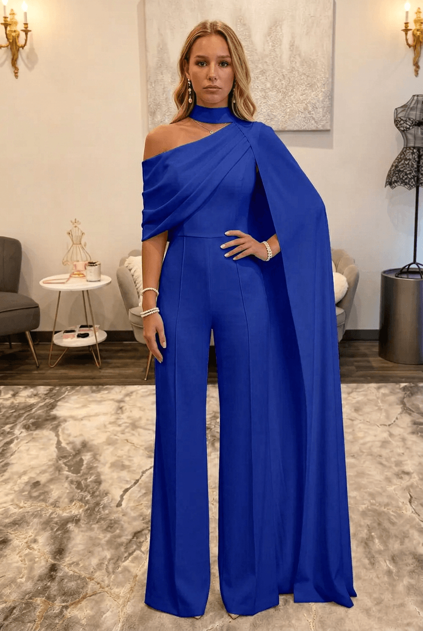 Royal Blue Asymmetric Neck One-Shoulder Bridal Formal Jumpsuit with Sash