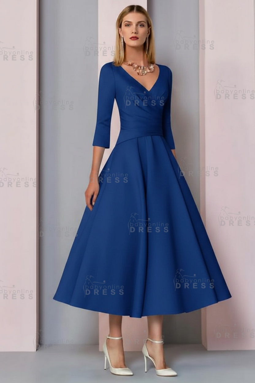 Half Sleeves White Ankle Length Mother of the Bride Dress V-Neck Satin Wedding Guest Dress