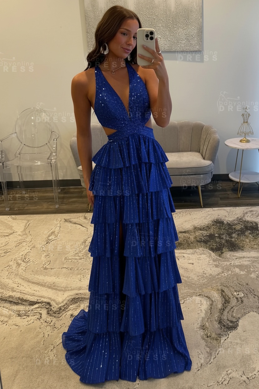 Halter Aline Prom Dress Sequined V-Neck High Split Evening Dress Long