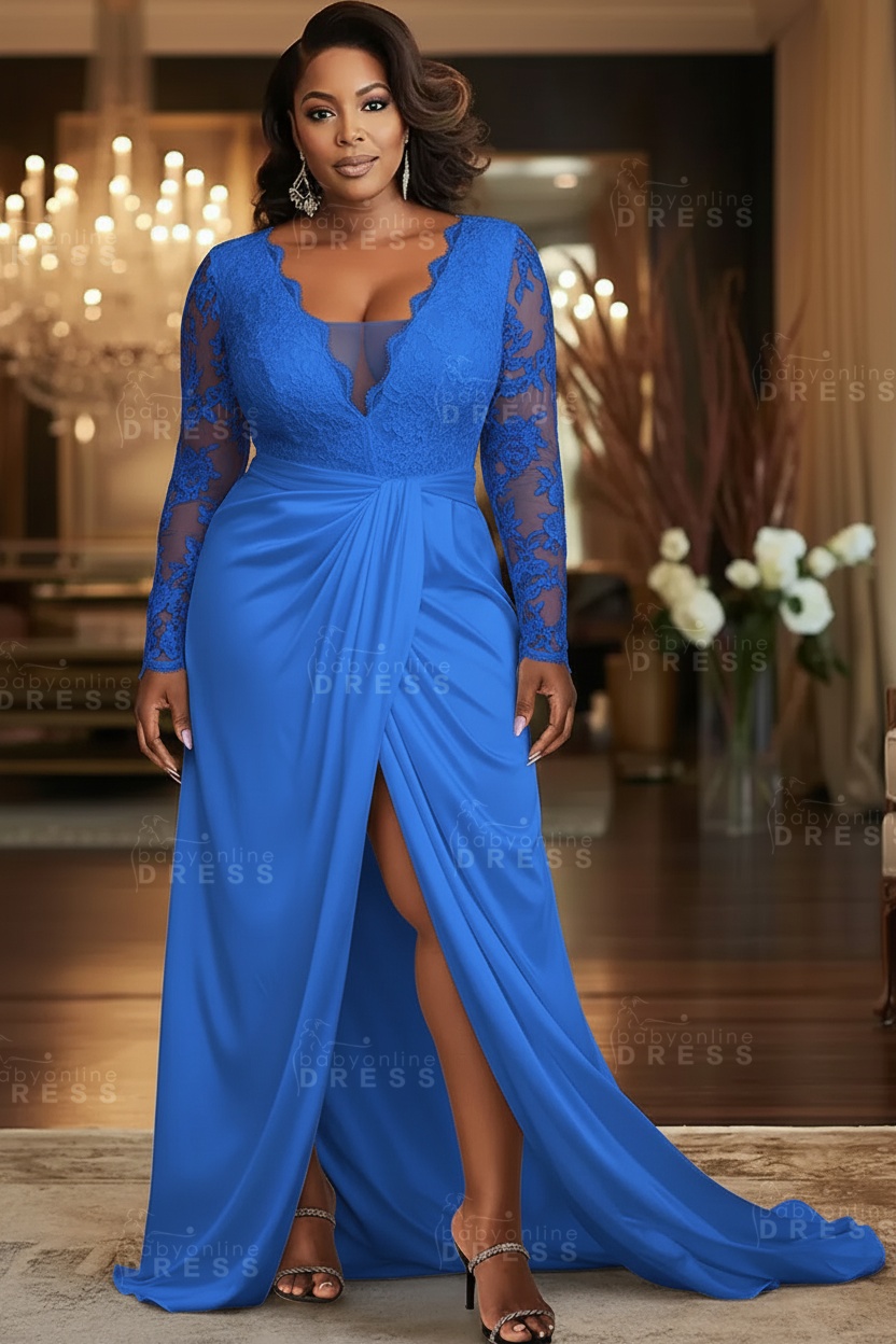 V-neck Appliques Lace Long Sleeve A-Line Prom Dresses with Slit