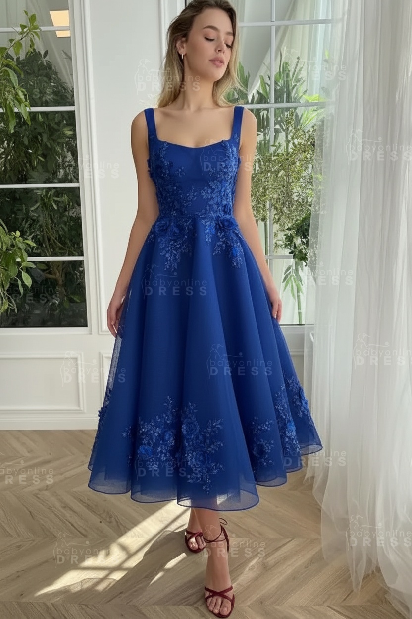 Burgundy Ankle length square neck Homecoming Dress Tulle Aline Formal Dress