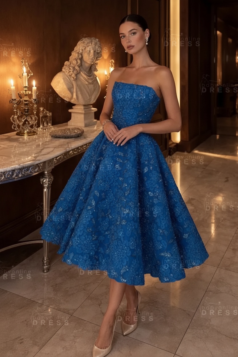 Strapless Yellow Floral A-Line Tea Length Prom Dress with Beadings