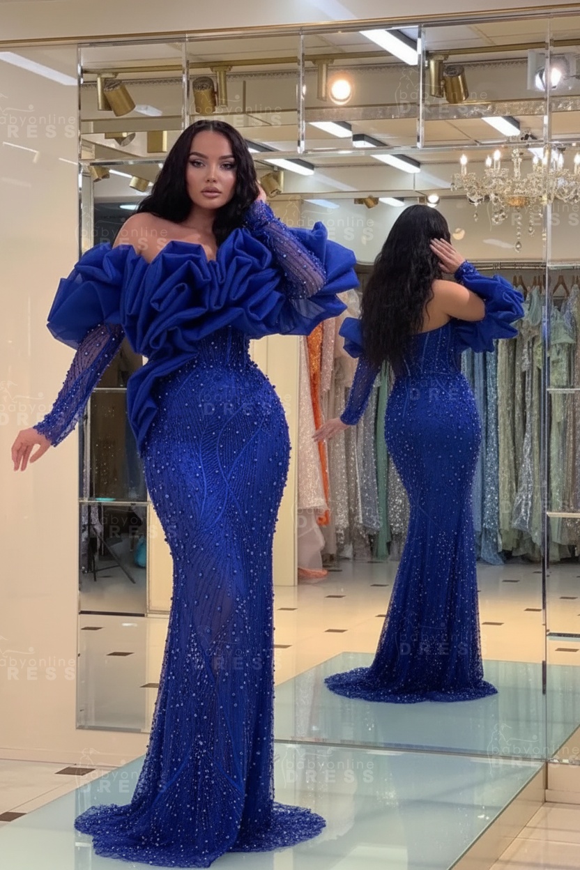 Bubble Sleeves Long Mermaid Prom Dress with Sequins and Beadings