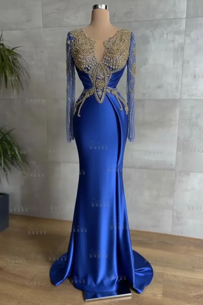 Gold Long sleeves Satin Mermaid V-neck Prom Dresses
