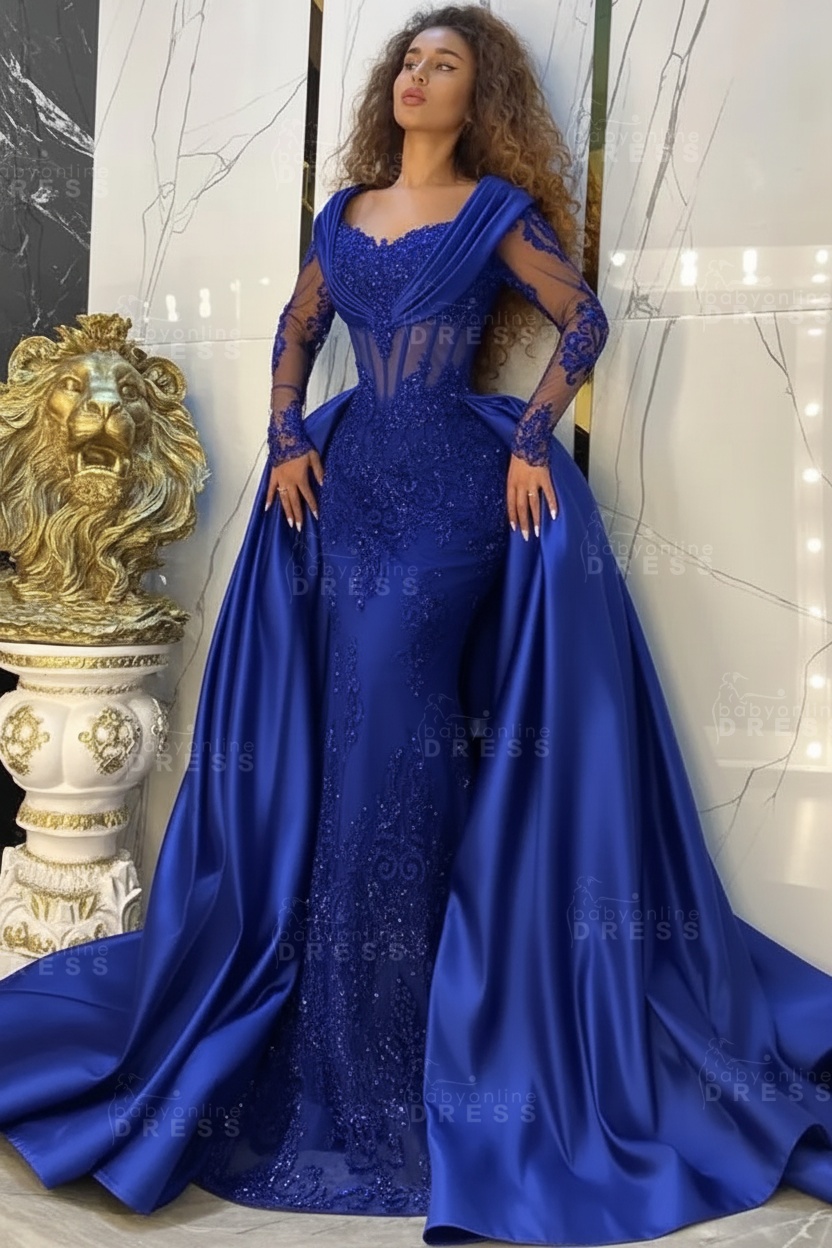 Gorgeous Sweetheart Appliques Lace A-Line Prom Dresses Long Sleeve Chapel Train
