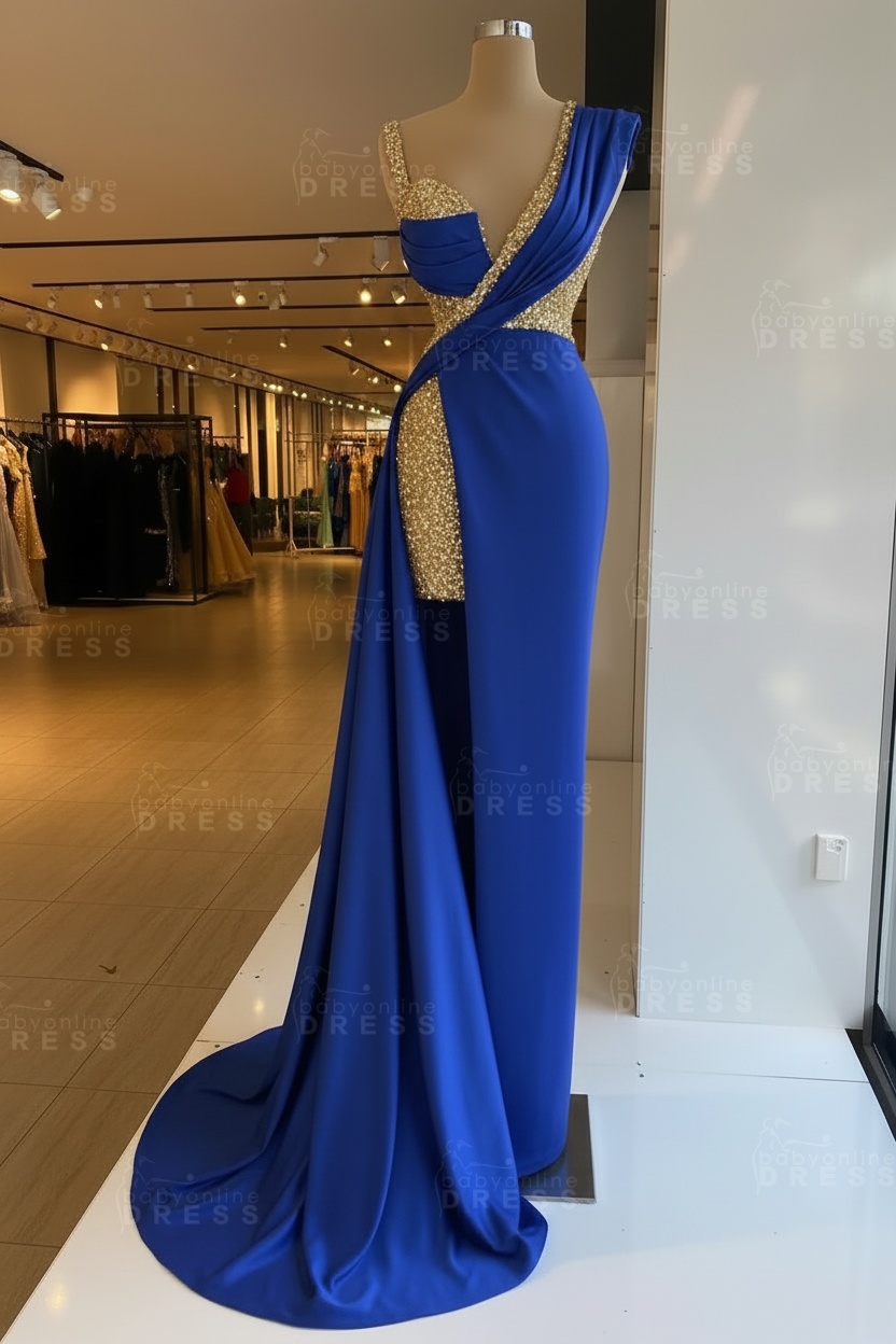 Luxury Satin Prom Dress Sleeveless with Sequins Sleeveless Evening Gown