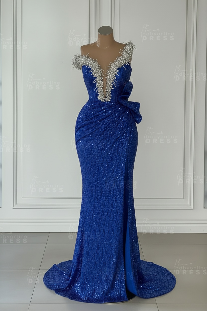 One Shoulder Sequins Sleeveless Long Mermaid Prom Dress