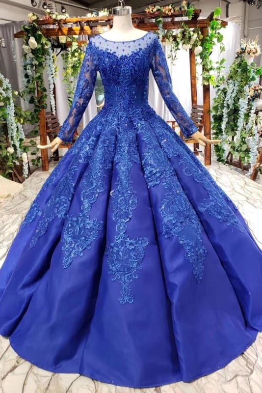 Royal Blue Long Sleeves Ball Gown Prom Dresses Puffy Quinceanera Dress with Appliques - Prom Dresses