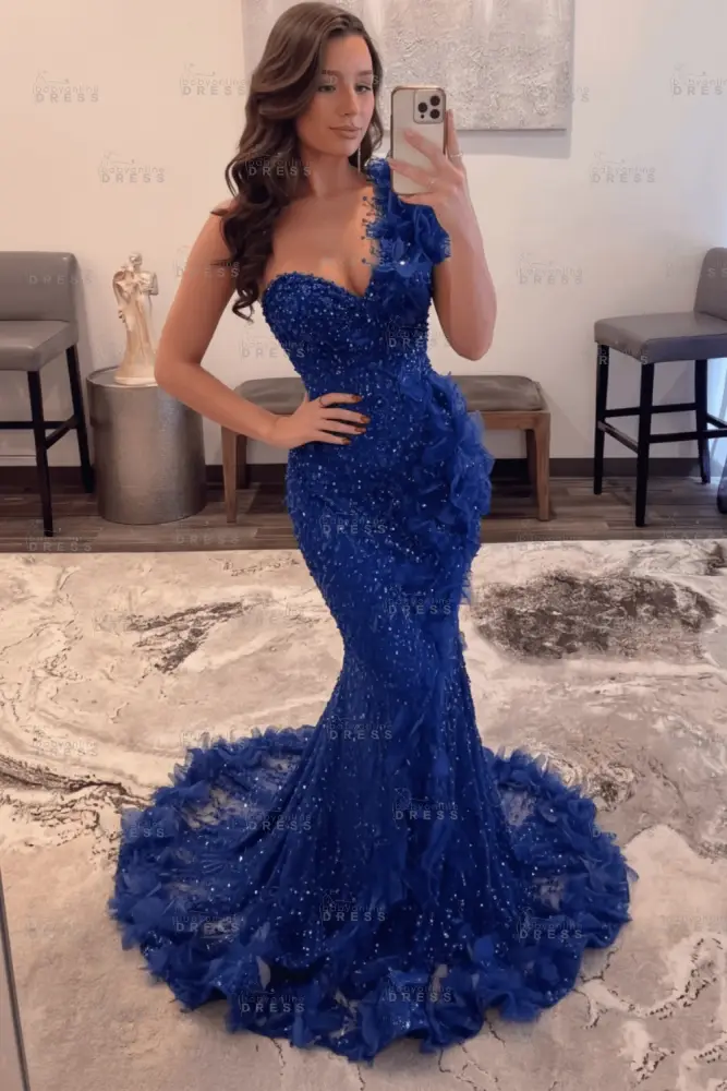 Luxury One Shoulder Sequins Mermaid Prom Dress with Beadings Evening Gown Appliques