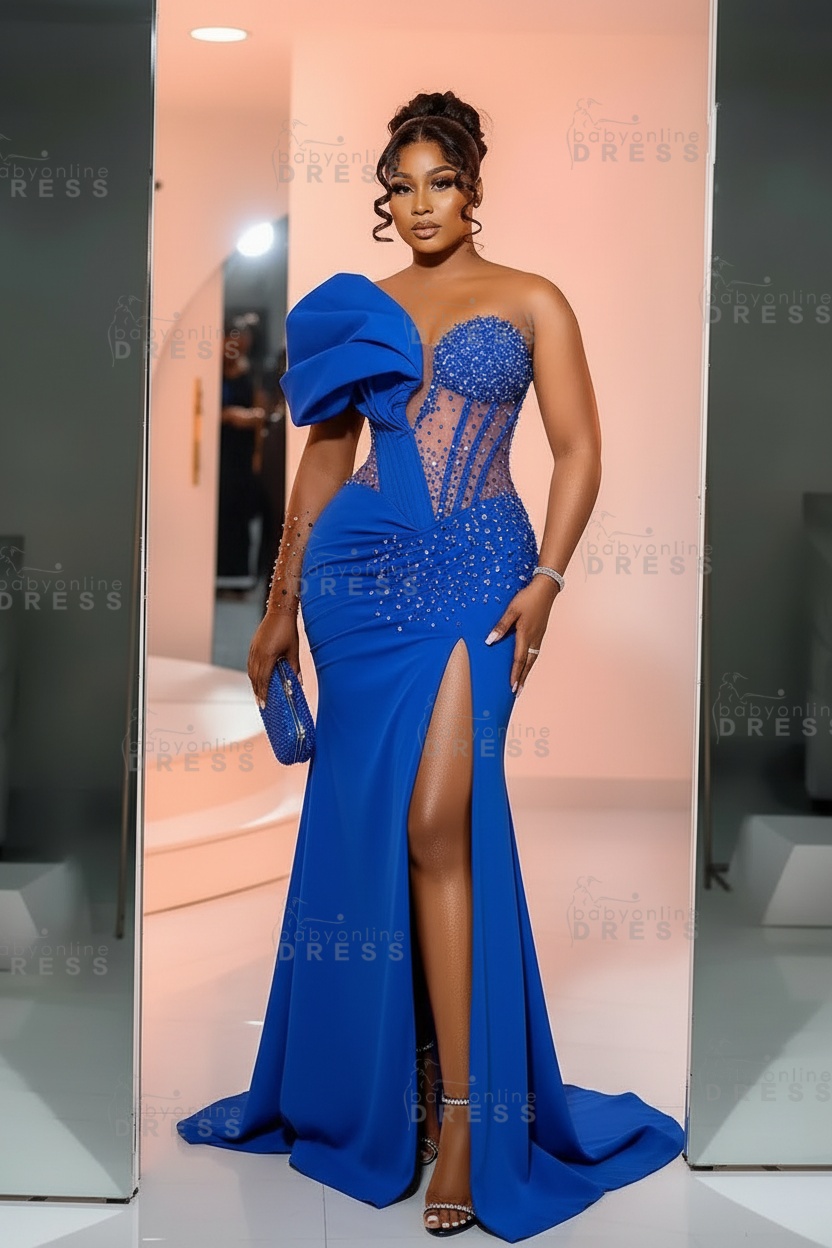 One-Shoulder Long Sleeves Corset Beadings Mermaid Prom Dress with High Split