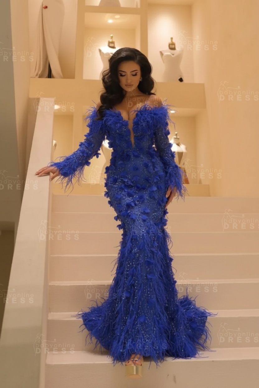 V-neck Long Sleeves Mermaid Evening Dresses Floor Length with Flowers