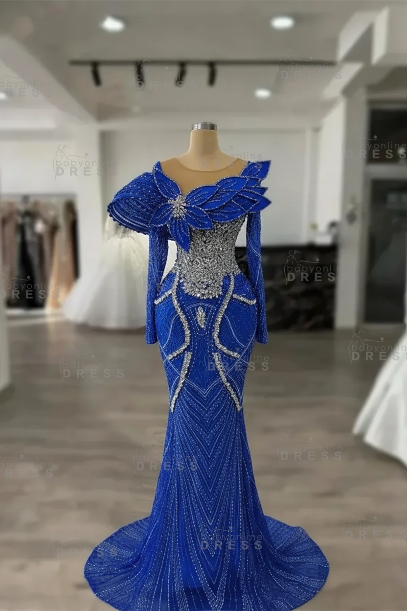 Luxury Crystals Long Sleeves Floor-Length Mermaid Prom Dress with Flowers 