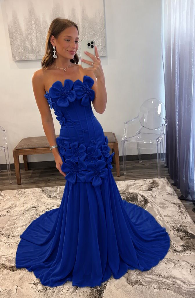 Royal Blue Satin Bodycon Prom Dress with 3D Floral Appliques