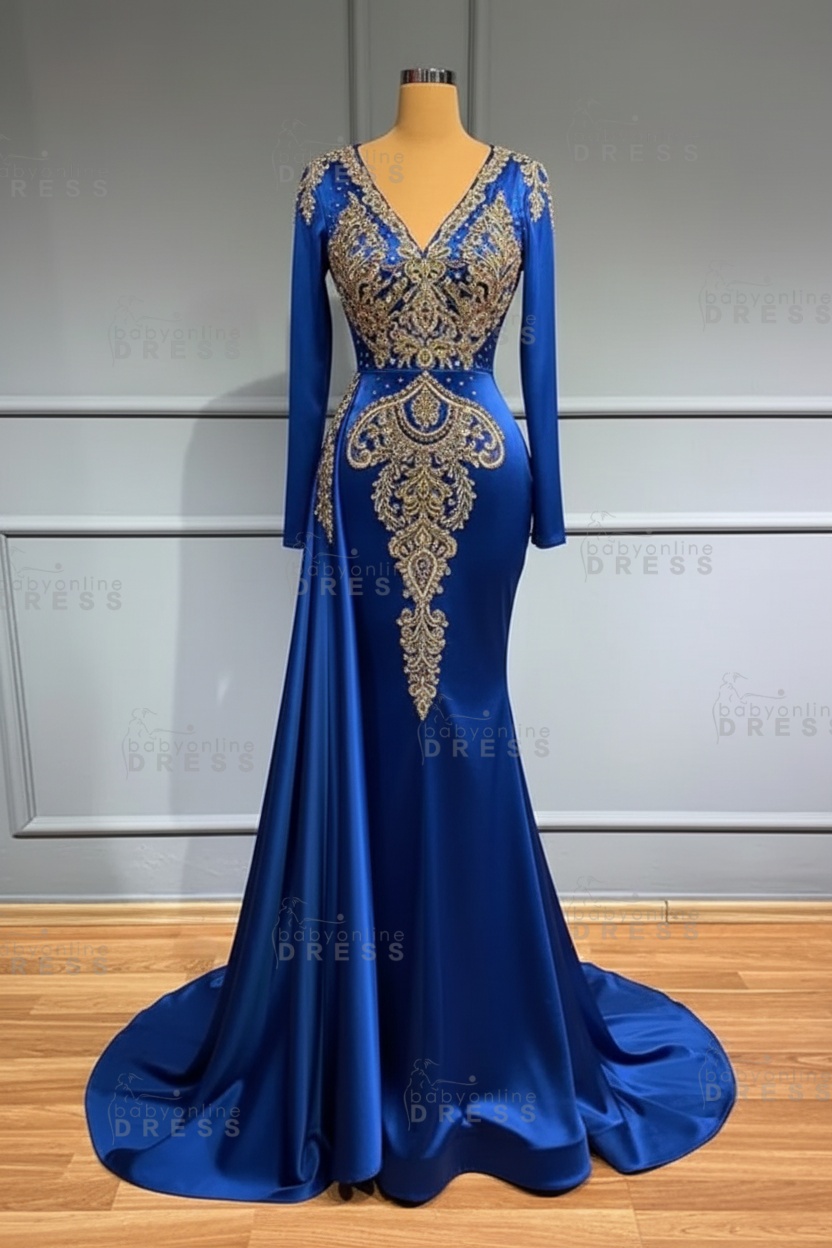 Glamorous V-Neck Long Sleeves Mermaid Prom Dress with Crystals
