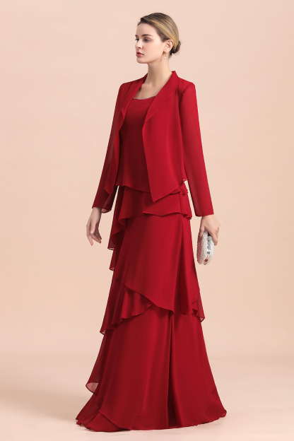 Ruby Chiffon Two-pieces Ruffles Long sleeves Mother of the Bride Dress