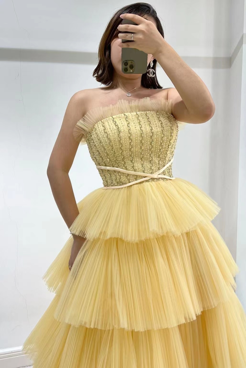Ruffles Yellow Strapless Beaded Prom Dresses