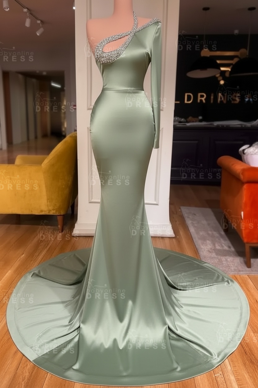 Long sleeves Beaded neckline Black Mermaid Prom Dresses