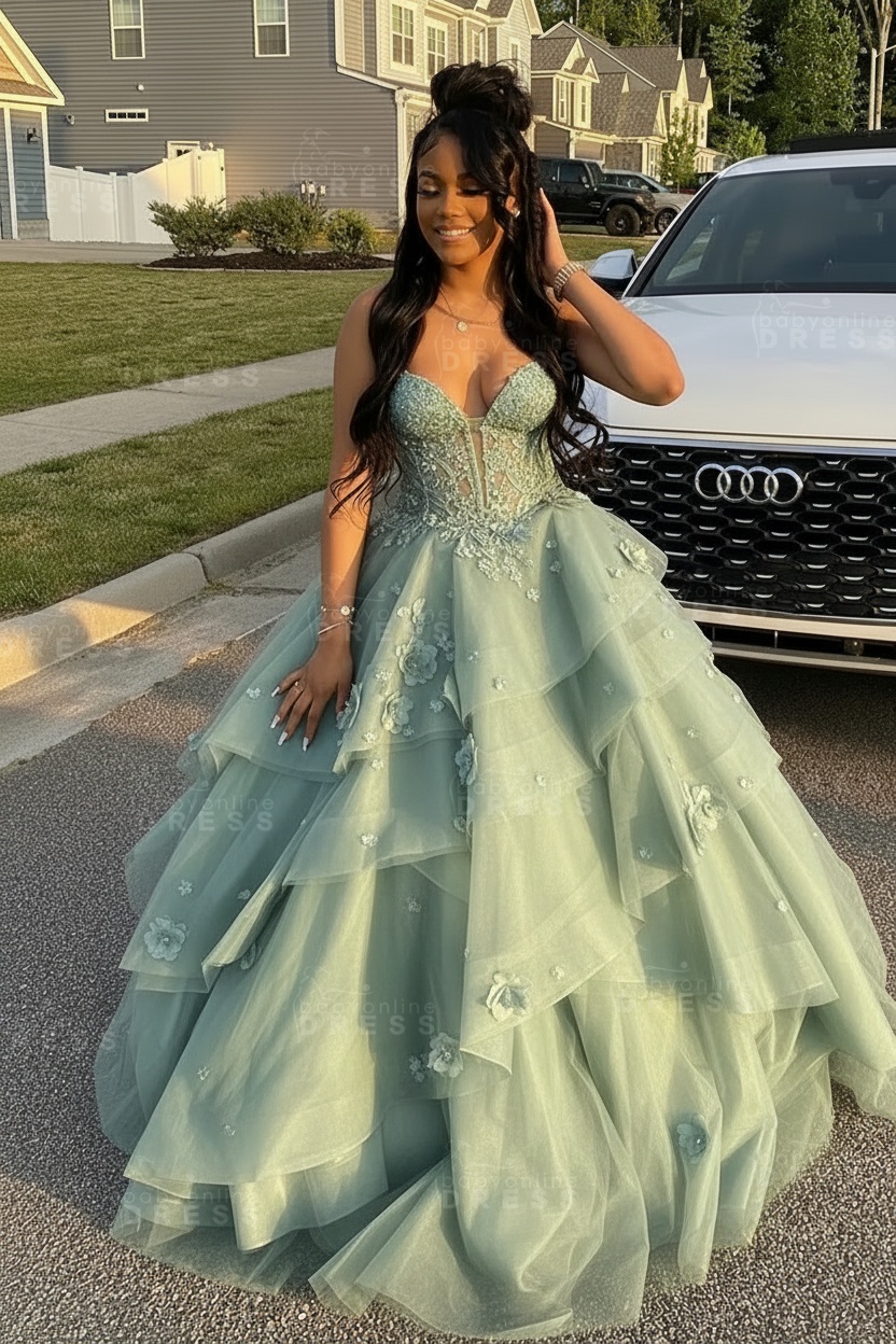 Sleeveless V-Neck Tulle Aline Prom Dress Floral Tiered Ruffles Corset Evening Dress
