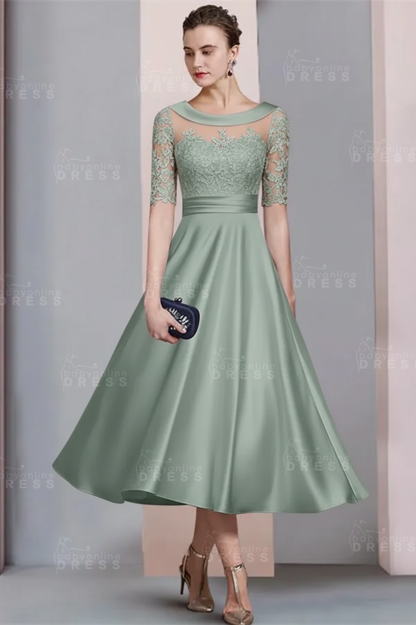 Elegant Ivory Jewel Lace Beading A-Line Tea Length Satin Wedding Guest Dress Formal Mother Dress