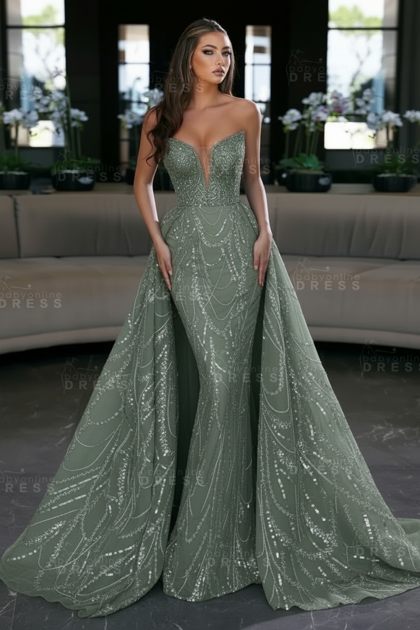 Blue Sequin Mermaid Sweetheart Prom Dresses with Overskirt