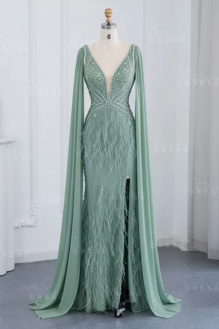 Glamorous V-Neck Fur Beadings Front Slit Mermaid Evening Gowns with Tulle with Cape Sleeves Wedding Party Dress
