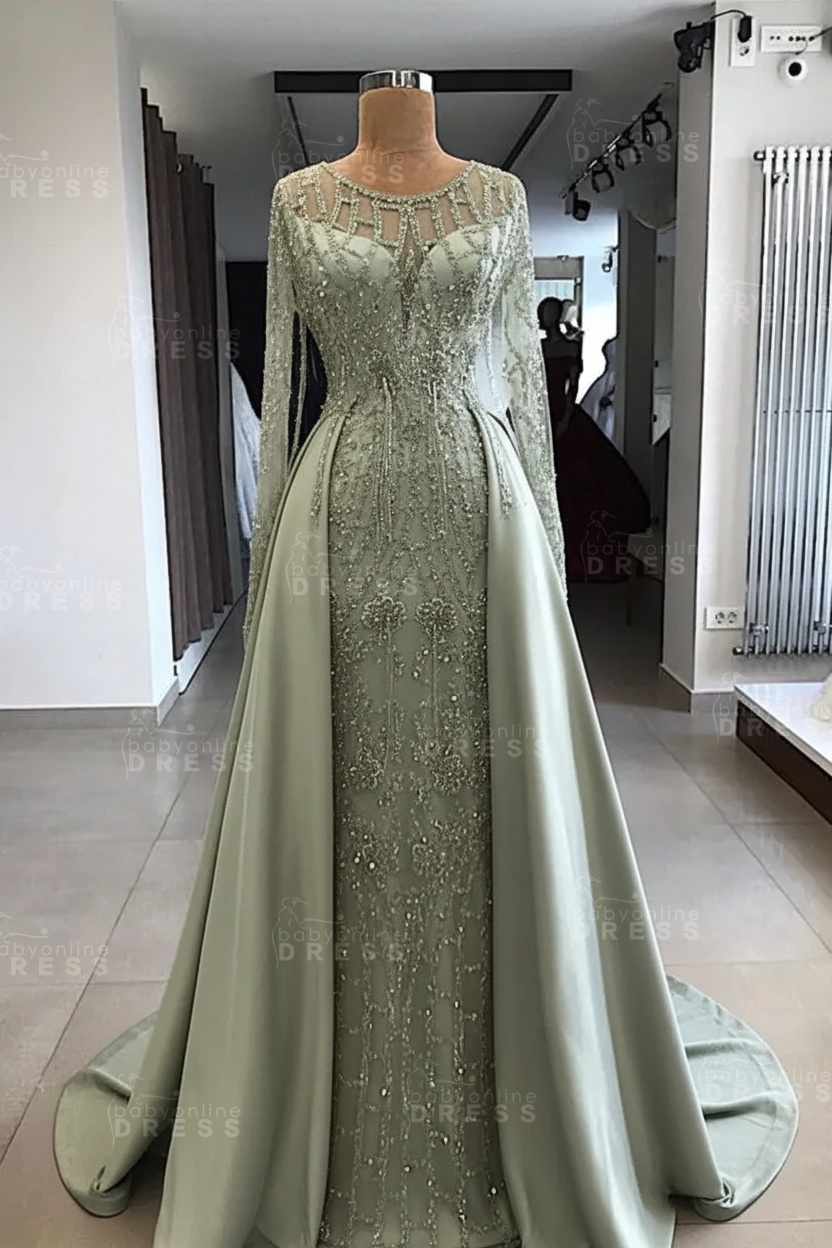 Shining Beaded Long Sleeves Round Neck Prom Dresses With Over Skirt | A Line Evening Gowns