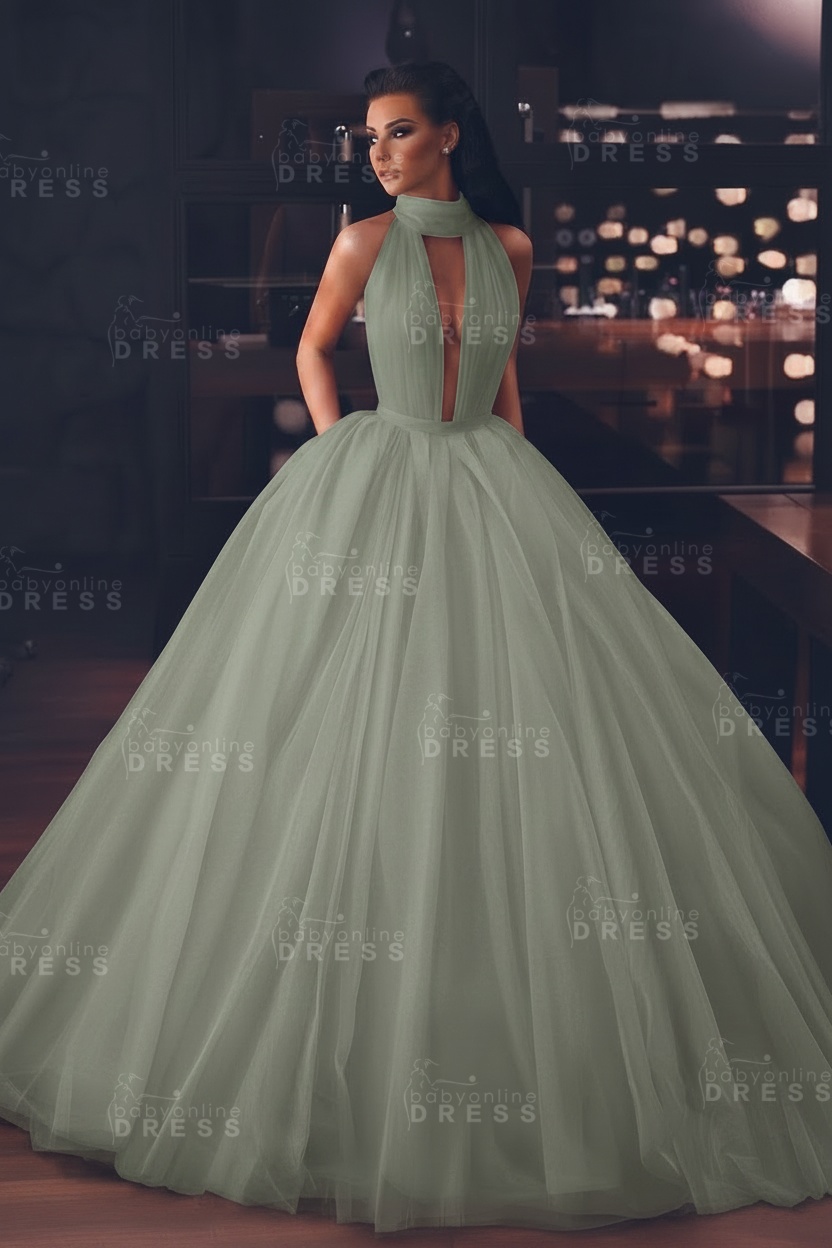Sexy High-Neck Sleeveless Ball Gown Evening Dress with Pockets