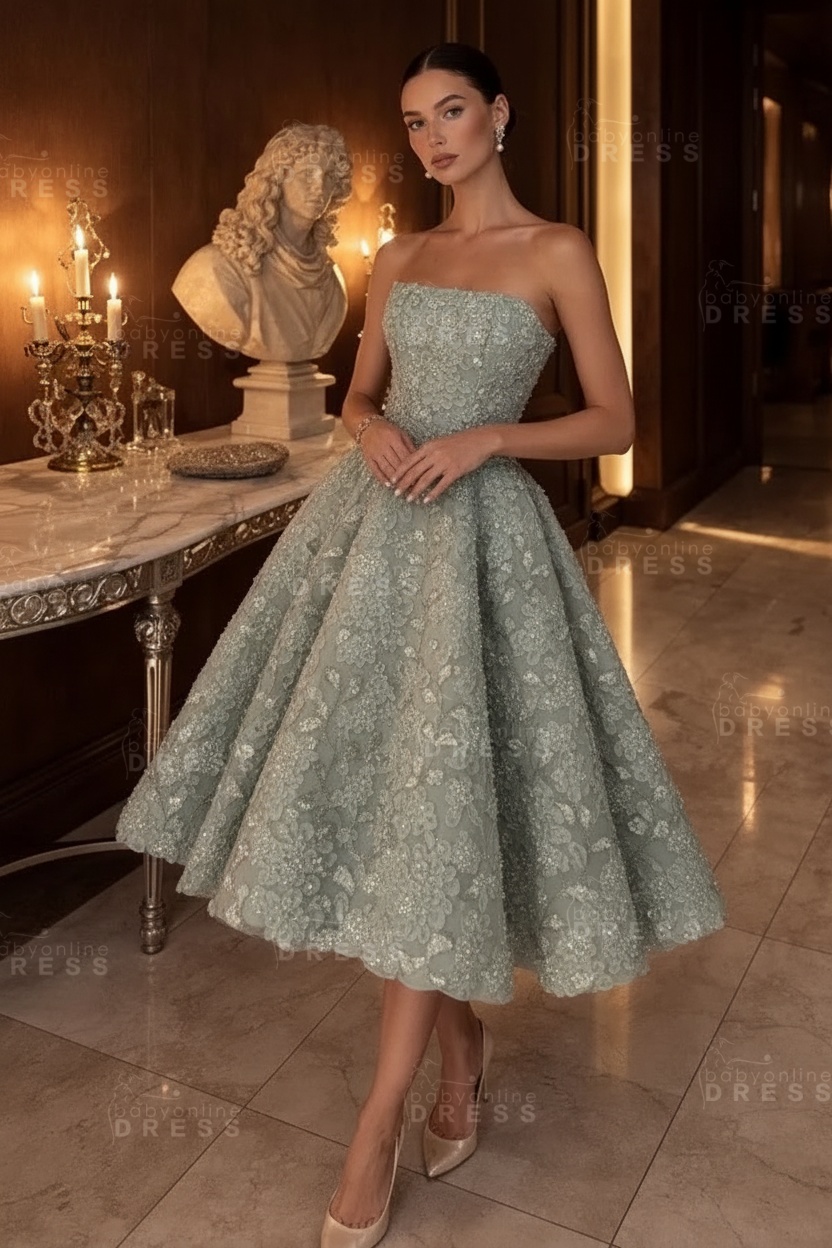 Strapless Yellow Floral A-Line Tea Length Prom Dress with Beadings