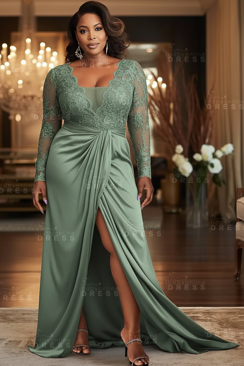 V-neck Appliques Lace Long Sleeve A-Line Prom Dresses with Slit