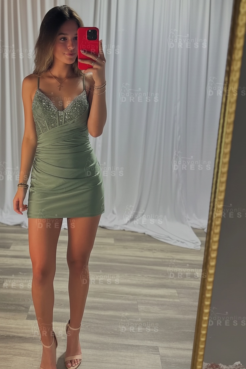 Spaghetti Straps Satin Tight Short Homecoming Dress with Beadings