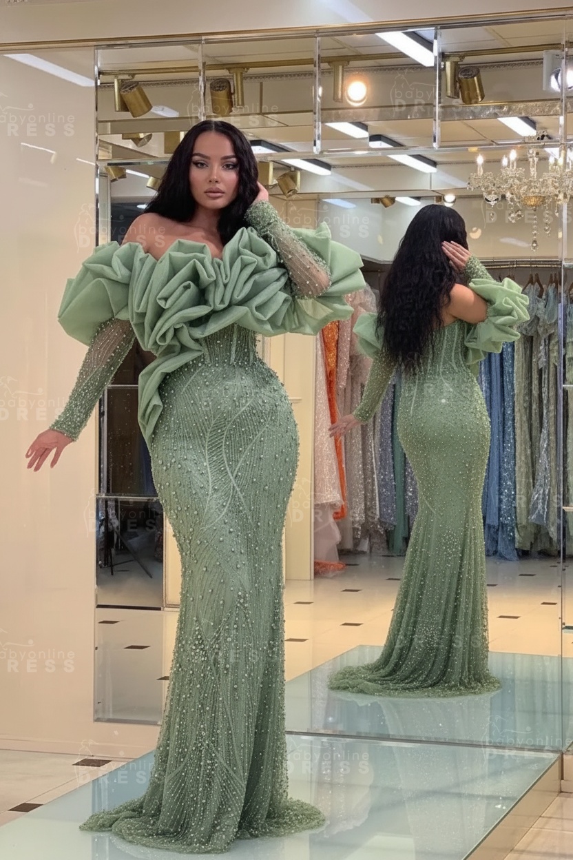 Bubble Sleeves Long Mermaid Prom Dress with Sequins and Beadings