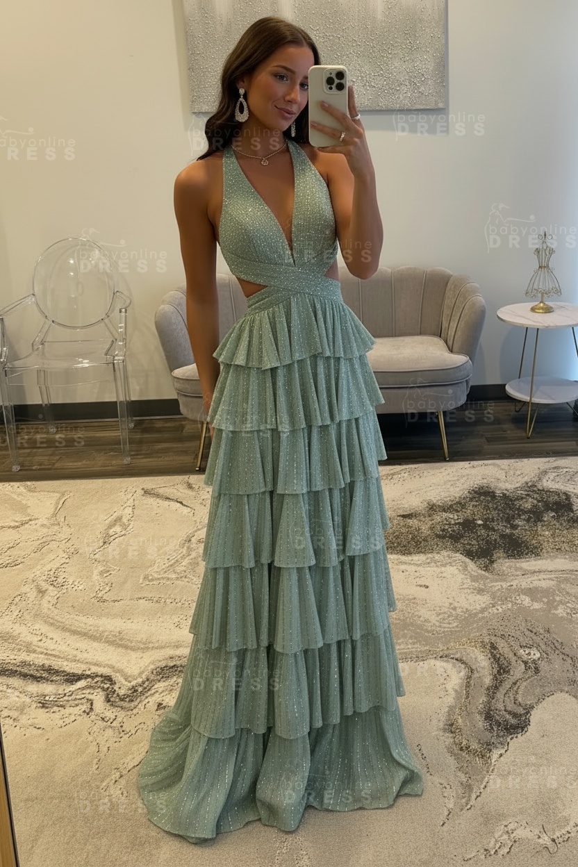 Halter Aline Prom Dress Sequined V-Neck High Split Evening Dress Long