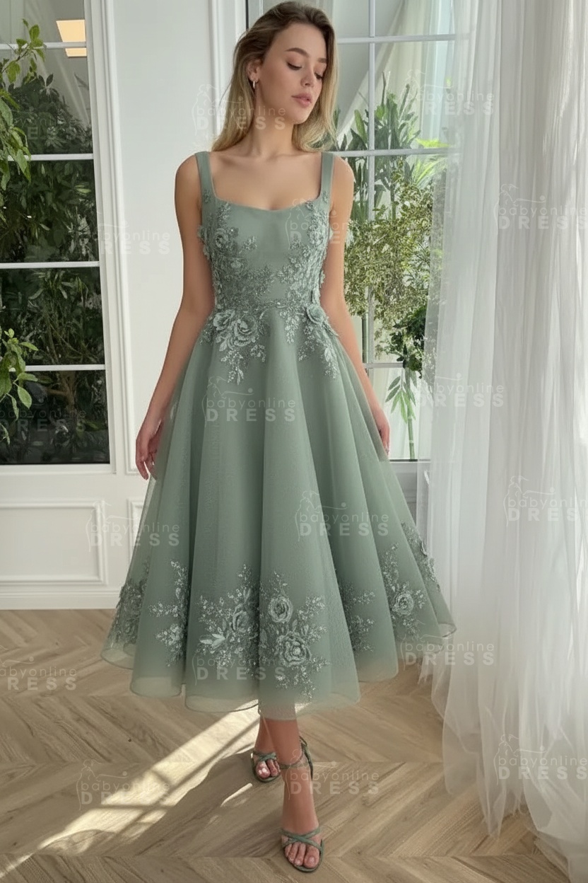 Burgundy Ankle length square neck Homecoming Dress Tulle Aline Formal Dress