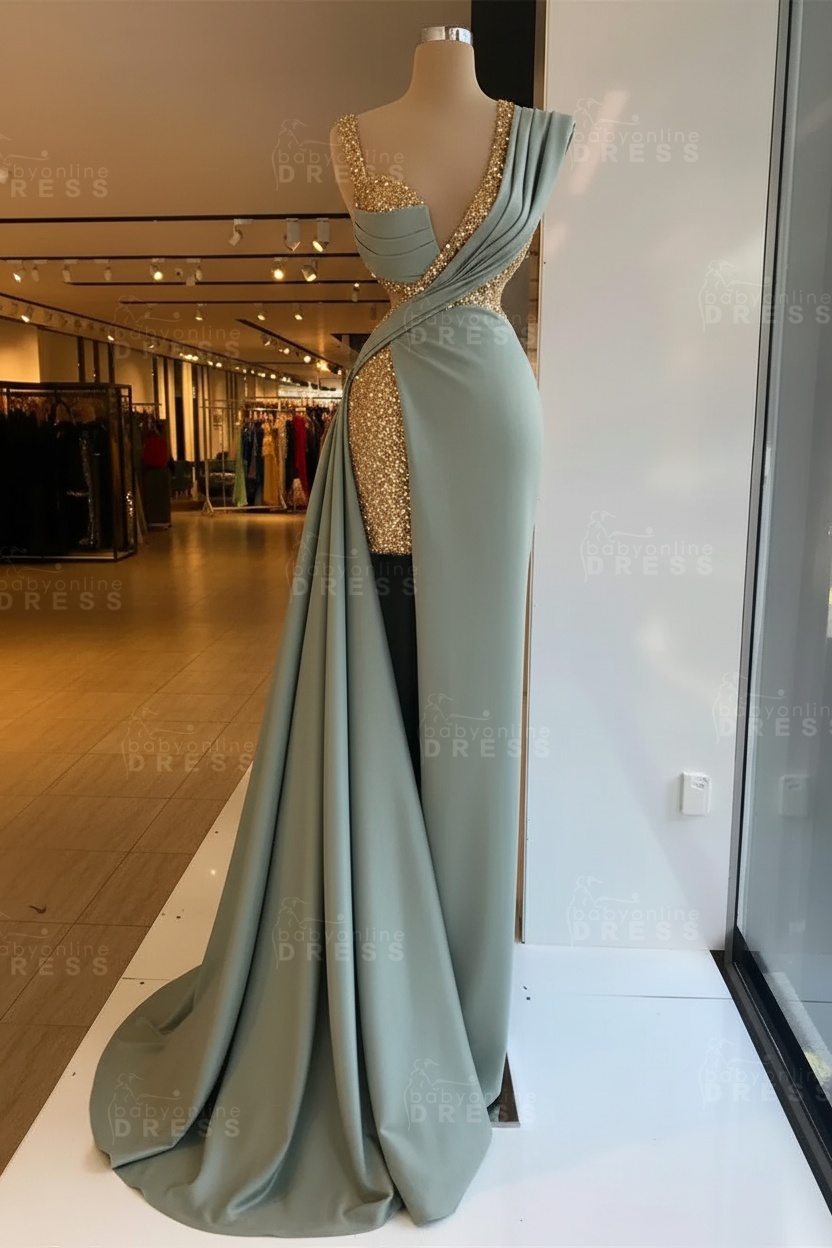 Luxury Satin Prom Dress Sleeveless with Sequins Sleeveless Evening Gown