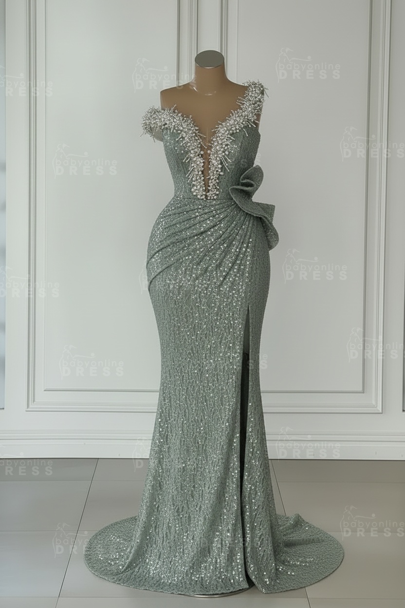 One Shoulder Sequins Sleeveless Long Mermaid Prom Dress
