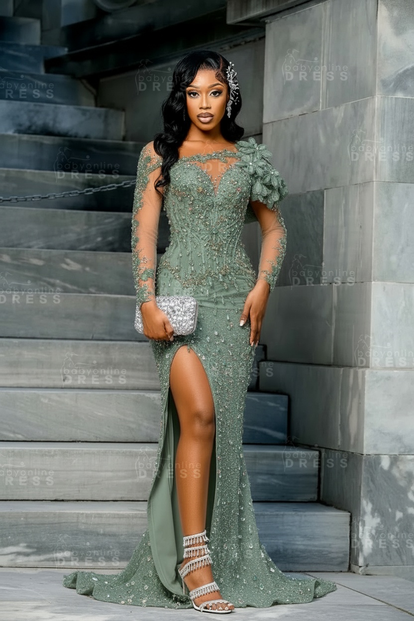 Sparkly Sky Blue Mermaid Prom Dress Beadings Long Sleeves Evening Gown Flowers with High Slit