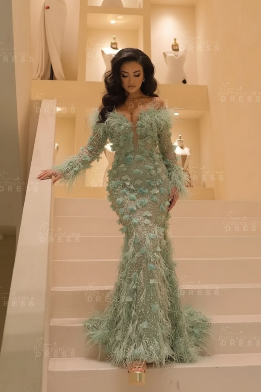 V-neck Long Sleeves Mermaid Evening Dresses Floor Length with Flowers