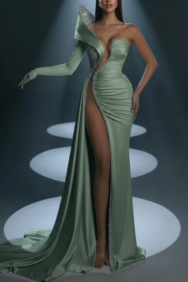 White One shoulder High Split White Court Train Prom Dresses