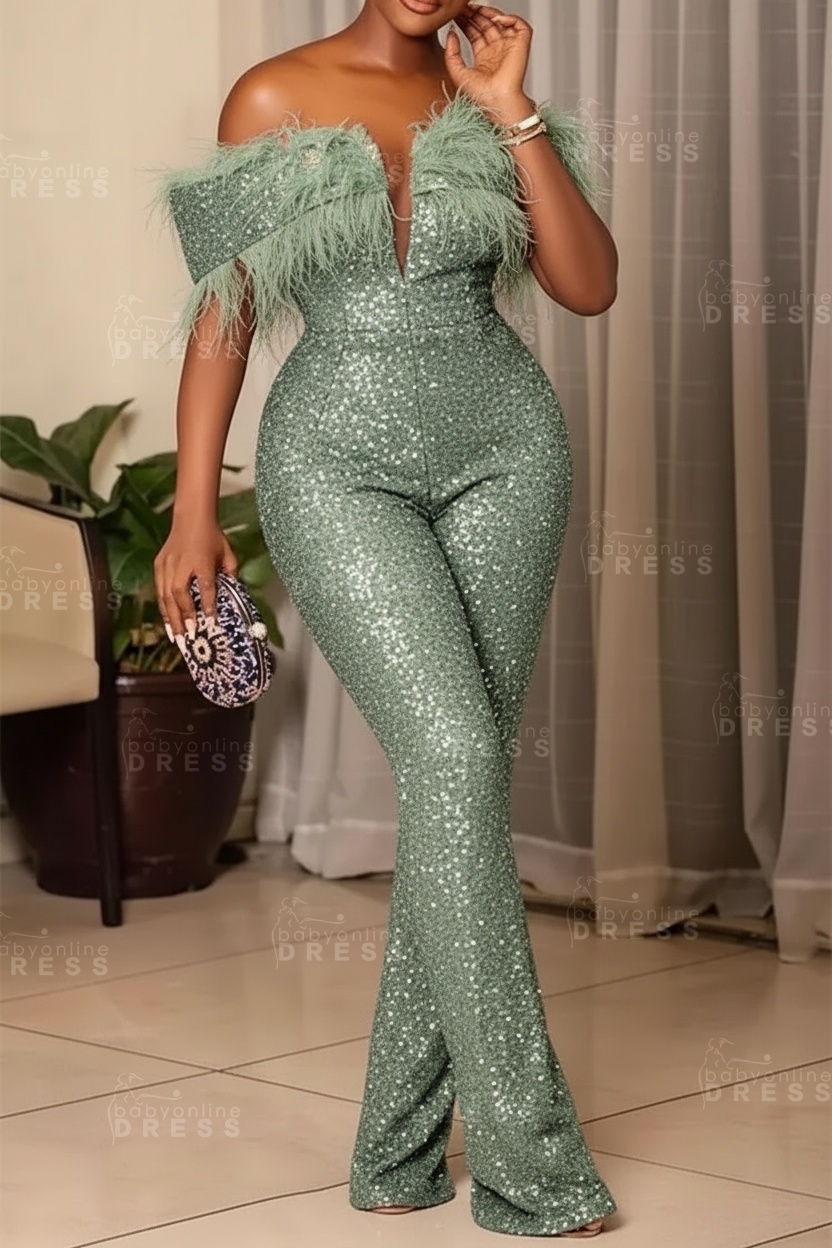 Plus Size Off Shoulder Sequin Women Jumpsuit Black Long Party Jumpsuits