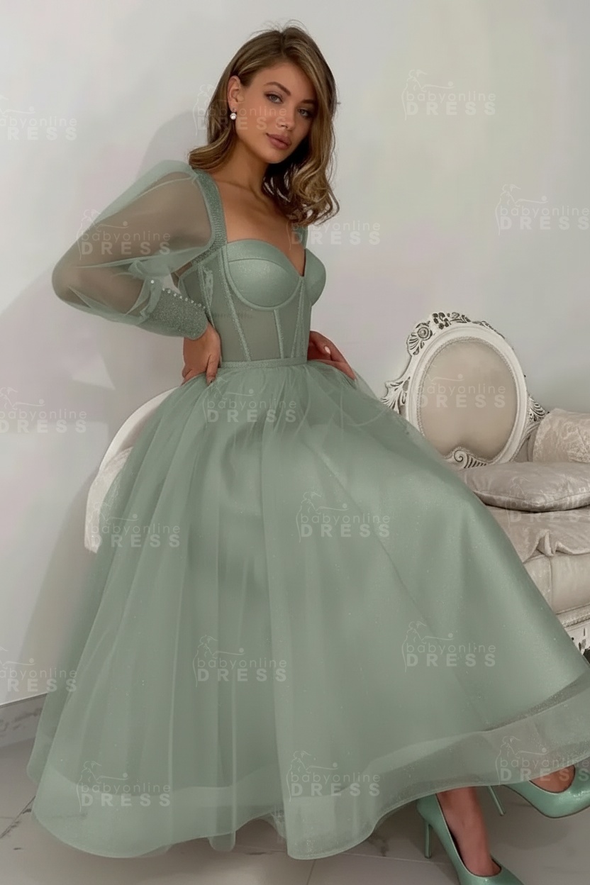 Long sleeves Pink See through Tulle Homecoming Dresses Aline