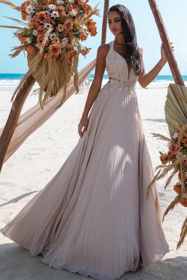 Chiffon A-line Ivory Sleeveless Summer Beach Wedding Dresses 