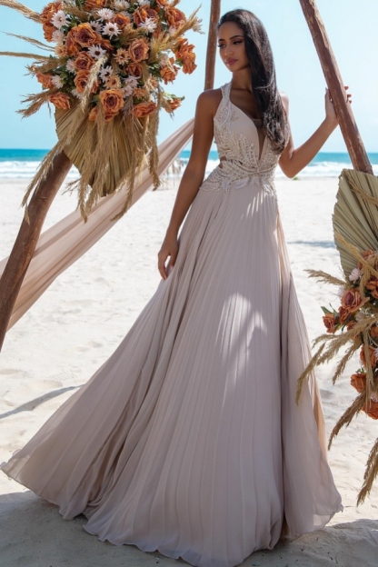 Chiffon A-line Ivory Sleeveless Summer Beach Wedding Dresses 