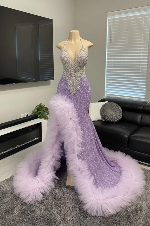 Pink Sequin Silver Appliques Ruffles Split Prom Dresses