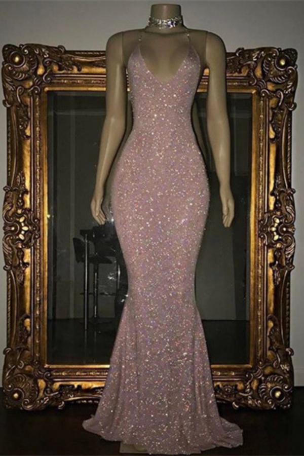Stunning Sequined Mermaid Spaghetti-strap Long Sleeveless Prom Dress