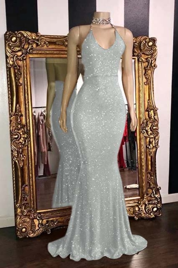 Sexy Sequins Sleeveless Mermaid Prom Dresses | Glitter Halter Red Evening Gowns