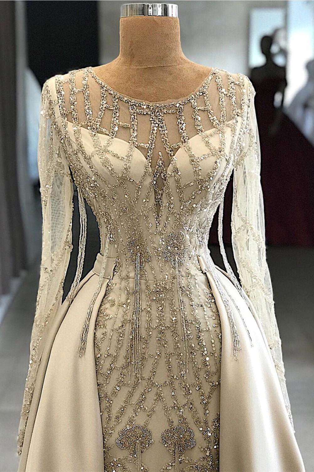 Shining Beaded Long Sleeves Round Neck Prom Dresses With Over Skirt | A Line Evening Gowns