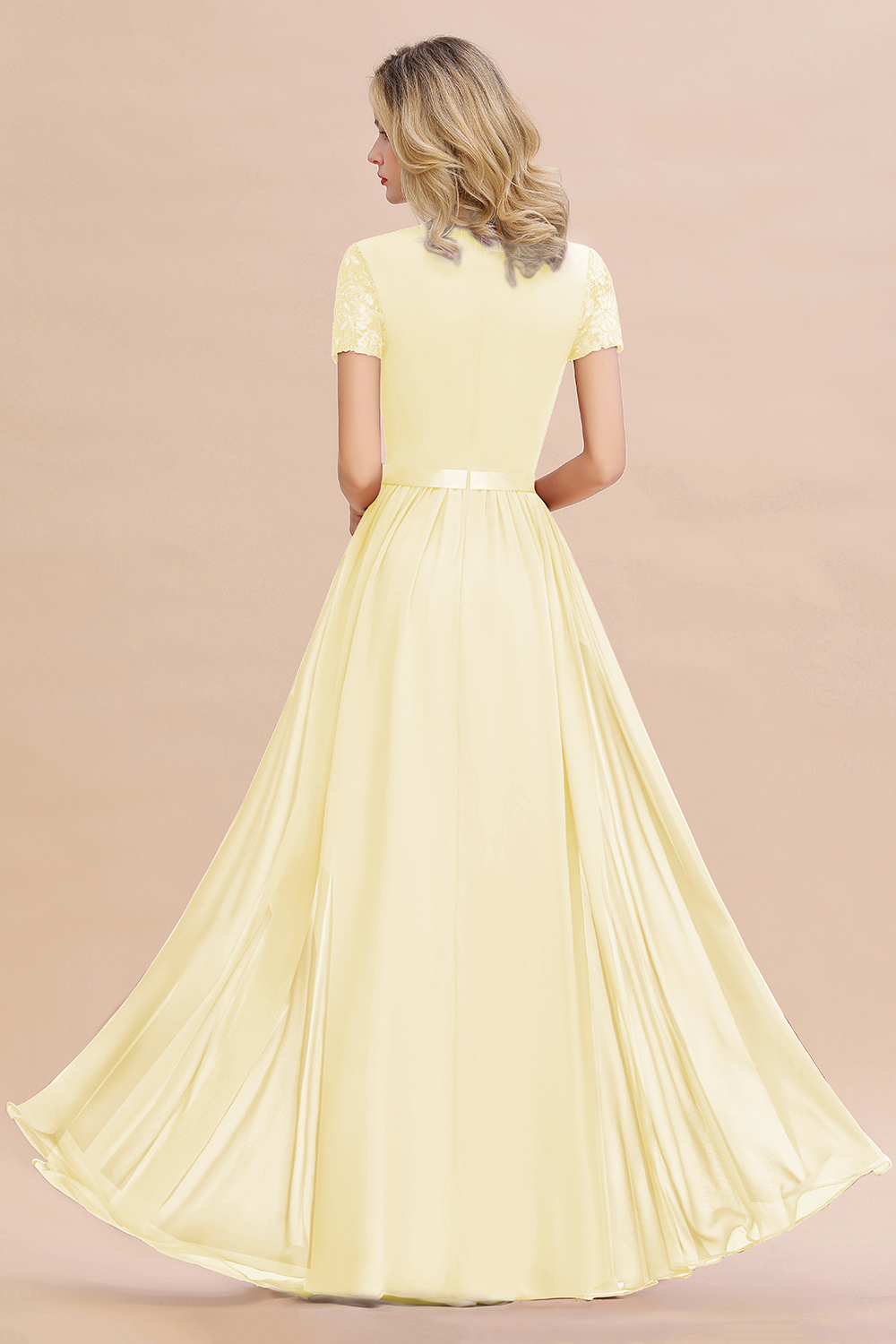 Retro Chiffon Lace Scoop Short-Sleeves Online Bridesmaid Dress