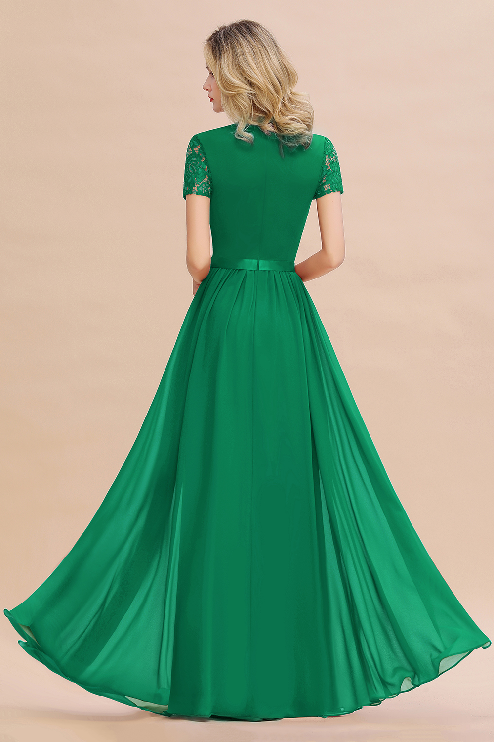 Retro Chiffon Lace Scoop Short-Sleeves Online Bridesmaid Dress